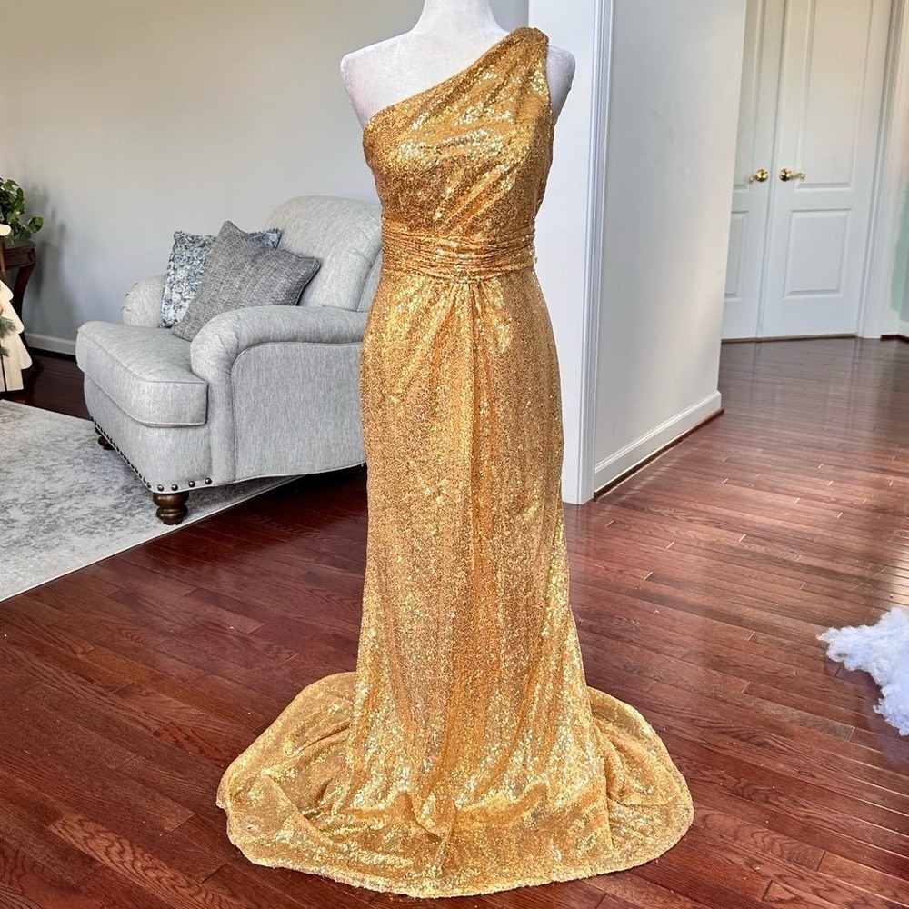 Custom Handmade Fully Gold Sequin One Shoulder Gown Dress Size 10